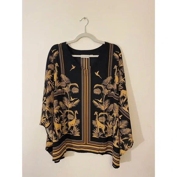Belle by Kim Gravel 1X Safari Giraffe Print Kaftan Top Black Gold Oversized Boho - Picture 1 of 11